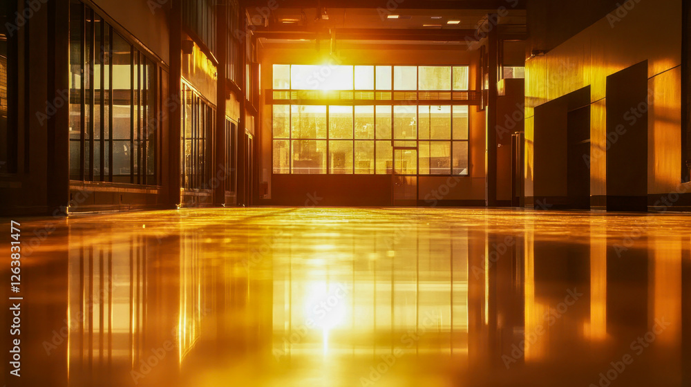 Golden interior of a modern building with window in the end Golden interior of a modern building with window in the end