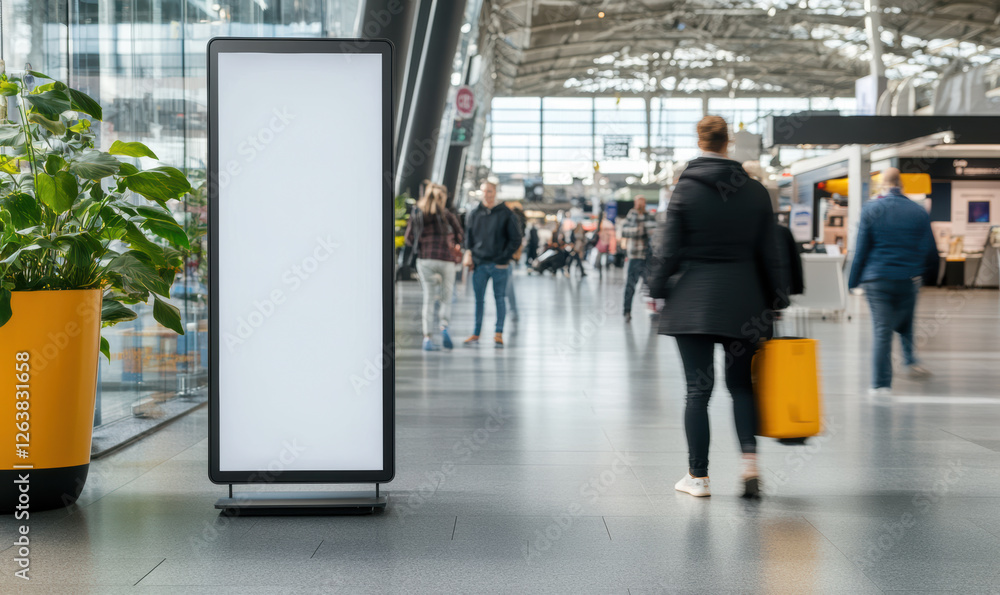Fototapeta premium A blank mockup template stands in a bustling indoor area, surrounded by people engaging in various activities while modern architectural features create an inviting atmosphere