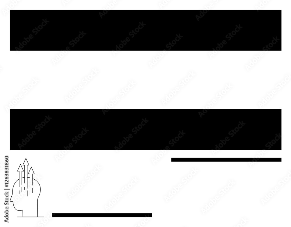 Naklejka premium Human head with upward arrows symbolizing growth and ideas. Horizontal black bars create structure. Ideal for innovation, mindfulness, goal-setting, strategy, leadership, education, abstract line