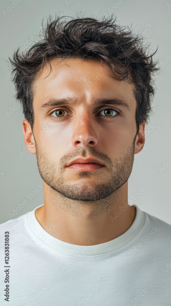 Fototapeta premium Serious Man Portrait, Intense Gaze, White T-shirt, Indoor