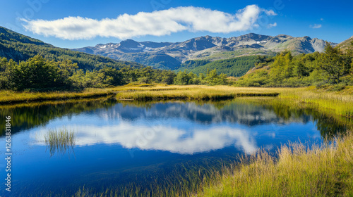 Tranquil Mountain Lake Scene with Azure Reflection and Golden Grass