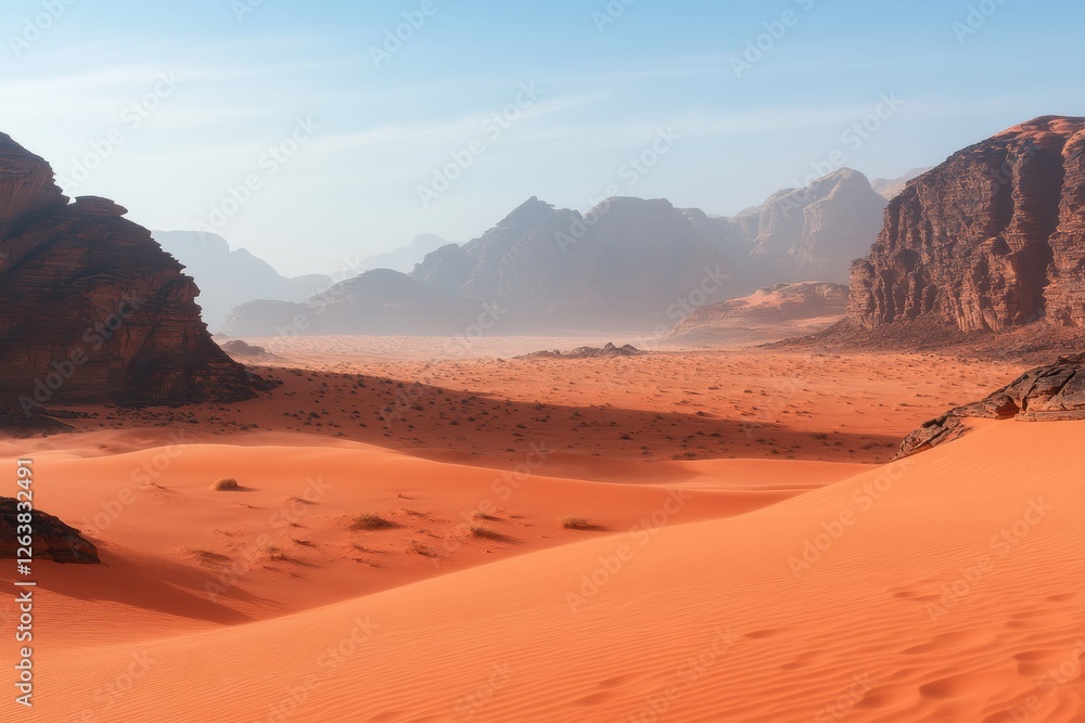 Fototapeta premium Expansive desert landscape showcasing orange sand dunes and distant mountains at midday in a tranquil environment. Generative AI