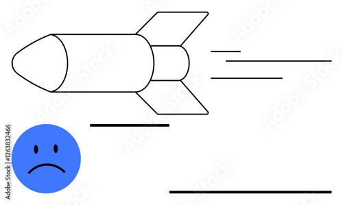 Rocket flying with dynamic lines next to a blue sad face expressing emotion or reaction. Ideal for speed, technology, rapid progress, conflict, innovation, emotion, abstract line flat metaphor