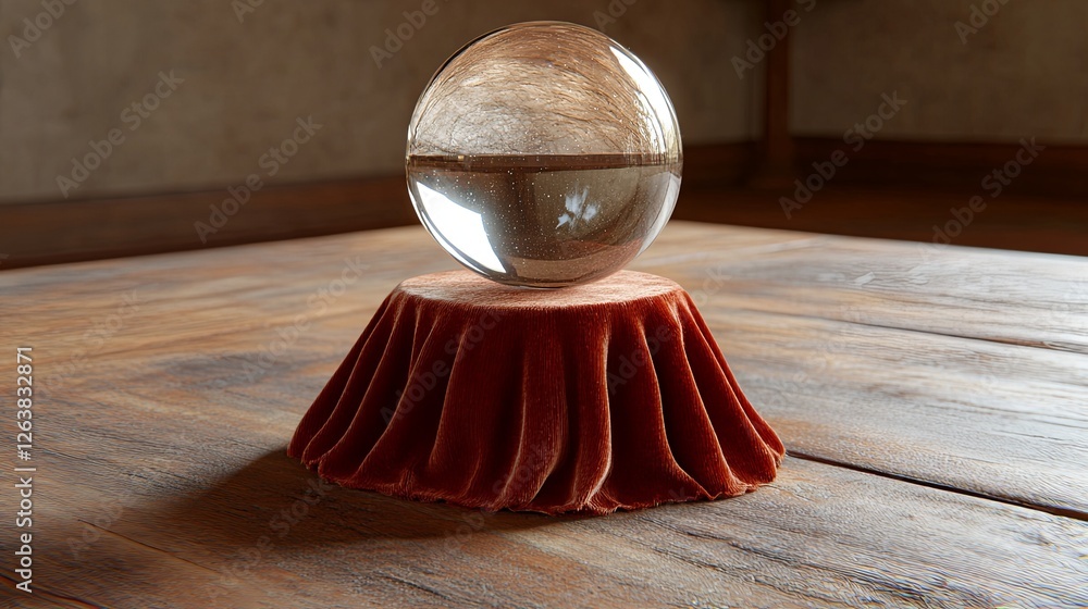 Fototapeta premium Transparent crystal ball resting on a velvet pedestal in a serene indoor setting