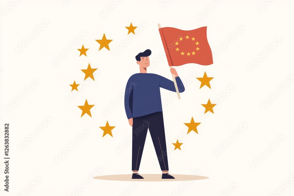 Flat vector illustration of man holding European Union and Chinese flags, symbolizing diplomacy, trade relations, and international politics Flat vector illustration of man holding European Union and Chinese flags, symbolizing diplomacy, trade relations, and international politics
