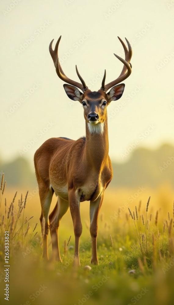 Fototapeta premium Deer standing in a field of tall grass on white ground, grass, animals, deer