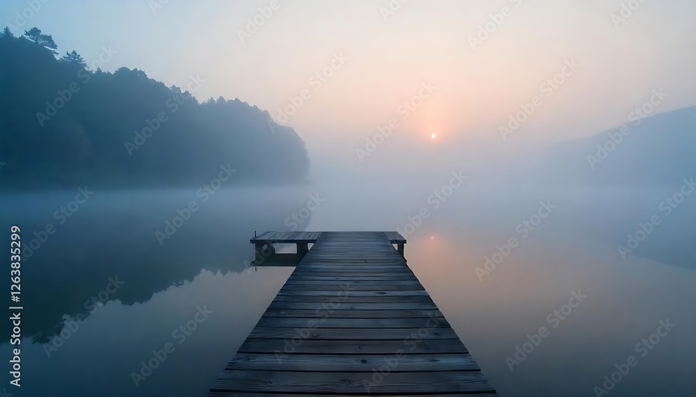 Naklejka premium Calm water reflecting mist foggy lake at dawn photography serene environment tranquil viewpoint nature's beauty