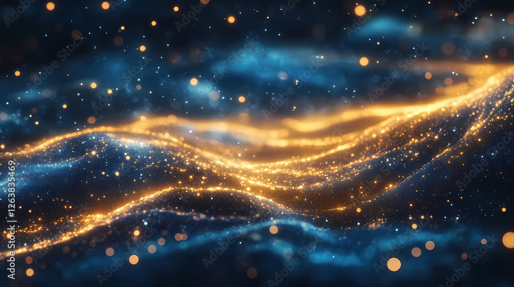 Fototapeta premium Celestial rivers of gold: a mesmerizing abstract landscape where molten gold streaks across a deep blue expanse, evoking the majesty of the cosmos. Molten Gold Rivers. Illustration