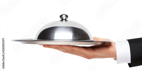 Waiter serves a polished silver platter with a dome cover at a fine dining restaurant during a special event