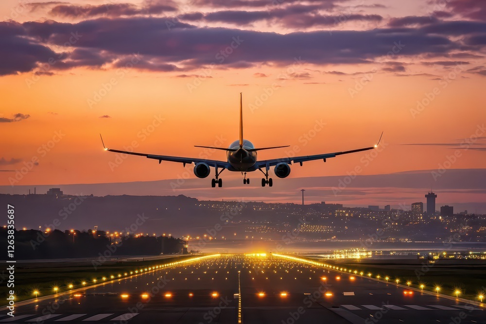 Airplane landing at sunset on a runway with city skyline illuminated in the background Airplane landing at sunset on a runway with city skyline illuminated in the background