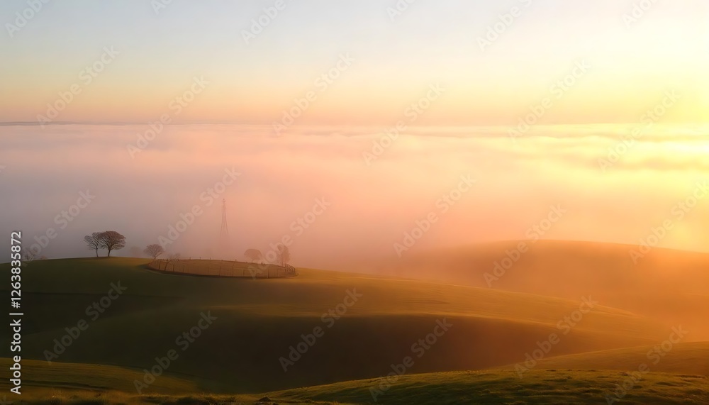 Obraz premium Serene sunrise fog over green hills in a panoramic nature landscape