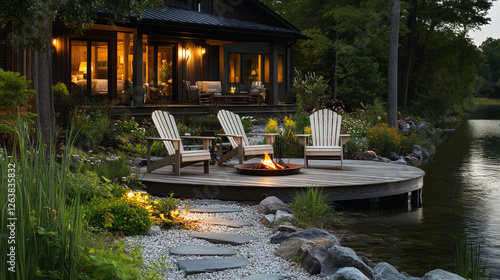 A lakeside cabin with a dockside garden, adirondack chairs overlooking the water, and a fire pit for cozy evenings under the stars. photo