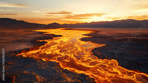 Incandescent rivers of molten gold cascading across a bleak extraterrestrial vista fiery currents snaking through an arid inhospitable environment rugged. Molten Gold Rivers. Illustration