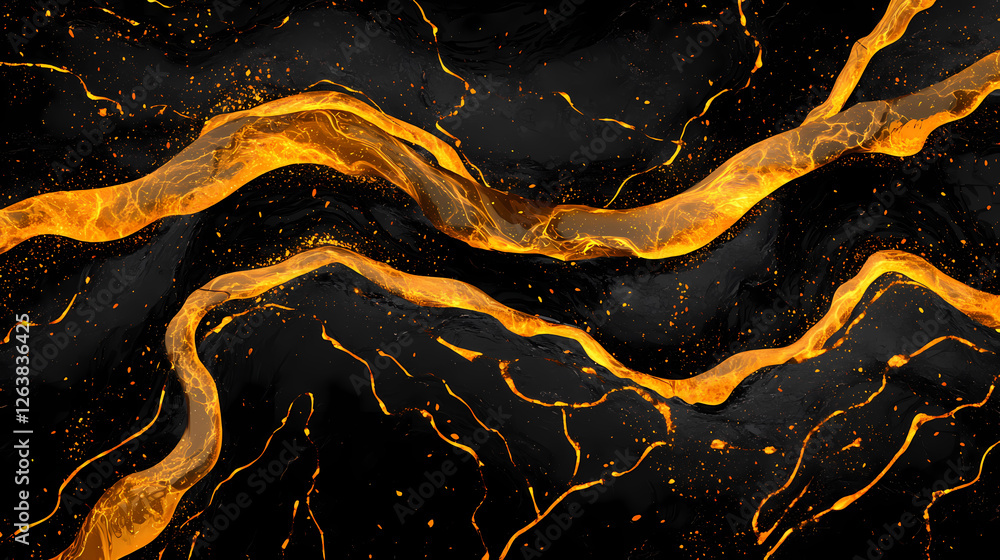 Lava veins: abstract molten gold river texture, visual of molten lava flows, resembling veins of liquid gold, snaking through a darkened landscape. Molten Gold Rivers. Illustration Lava veins: abstract molten gold river texture, visual of molten lava flows, resembling veins of liquid gold, snaking through a darkened landscape. Molten Gold Rivers. Illustration