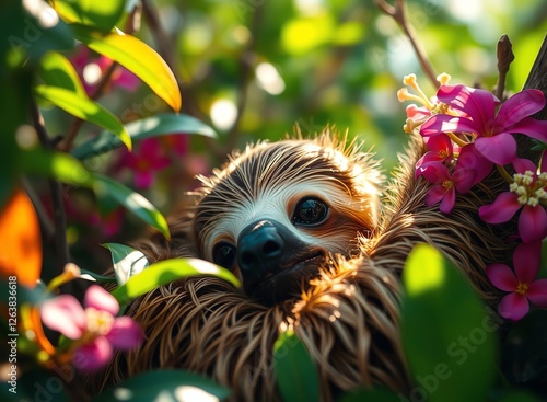 an image of a sloth in a tree with flowers, there is a sloth that is sitting in a tree with flowers photo