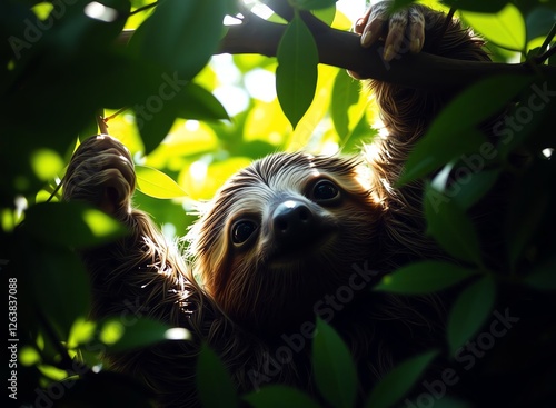 an image of a sloth hanging from a tree branch, there is a sloth that is hanging from a tree branch photo