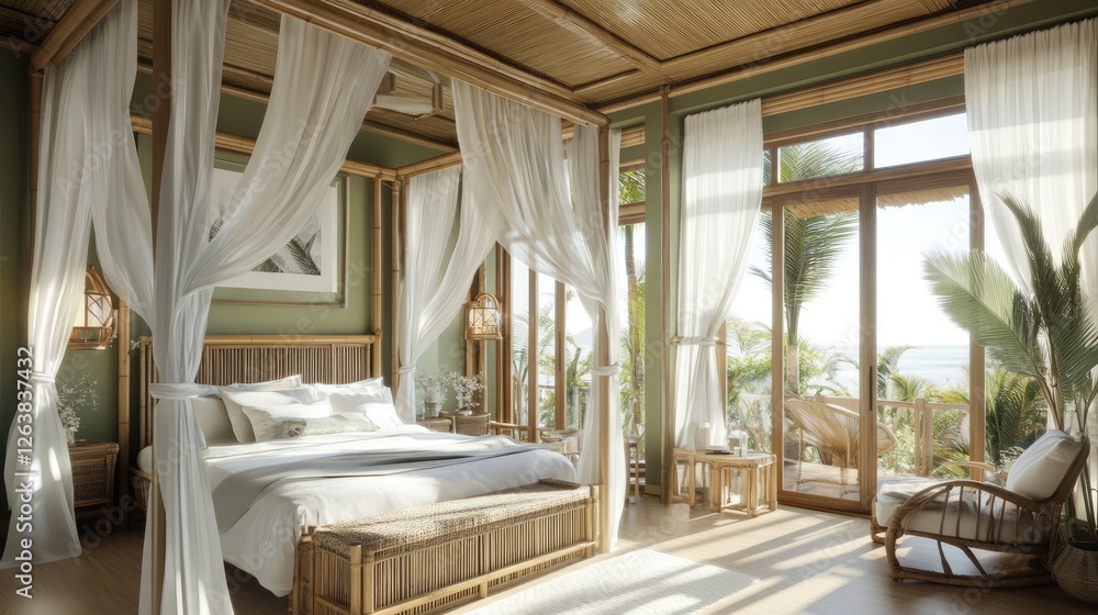 Obraz premium A tropical-style bedroom with bamboo furniture and flowing white curtains.
