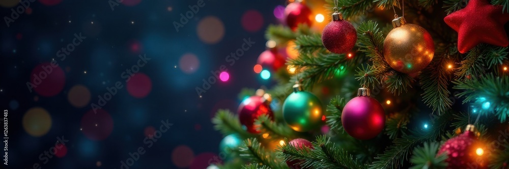 Fototapeta premium Christmas tree with colorful lights and ornaments, festive, lights