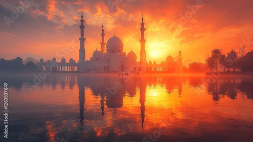 Sunrise over mosque reflecting in water, peaceful scene, possible use stock photo photo