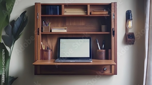 Wallpaper Mural A wall-mounted shelving system with a fold-out work desk. Torontodigital.ca