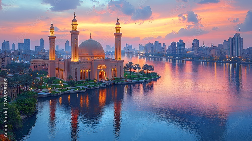 Obraz premium Mosque at sunset over city reflecting in river. Use Stock photo for travel, architecture, or religion