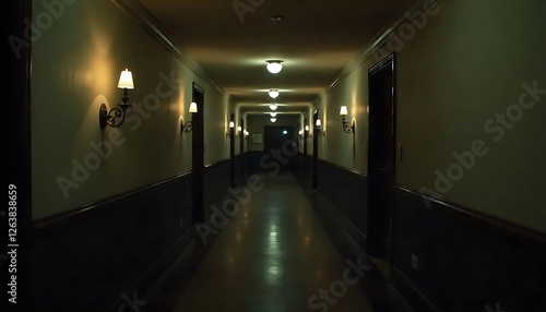 Eerie walkway encounter endless hotel hallway photograph dimly lit first-person perspective haunting atmosphere