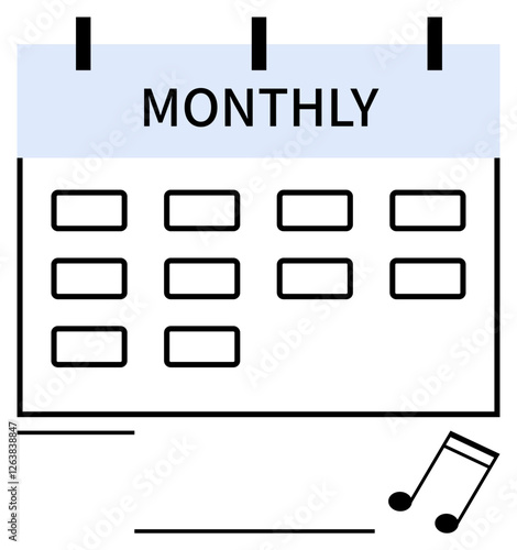 Calendar with Monthly header and blank squares for organization, paired with a musical note. Ideal for planning, scheduling, music events, routines, creativity, reminders, abstract line flat metaphor