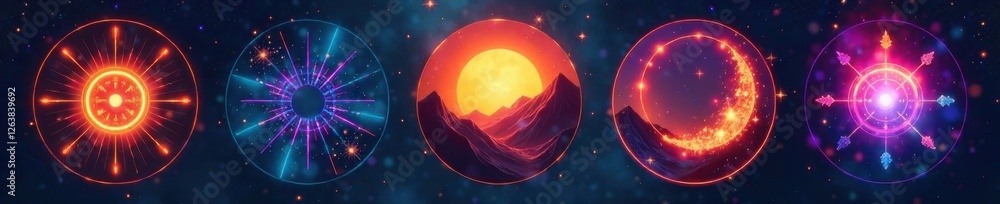 Fototapeta premium Circular icons with various shapes arranged around a central point, social media platforms, social networking