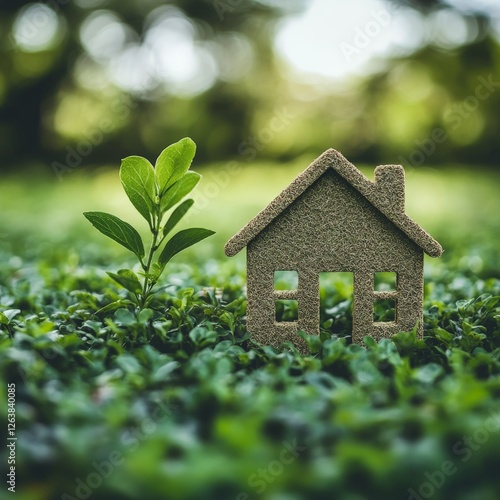 Sustainable eco friendly miniature house with fresh green leaves on hedge symbolizing environmental responsibility, green architecture, and energy efficient living in harmony with nature photo