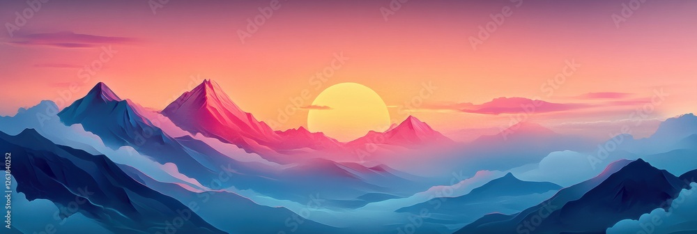 Obraz premium Colorful sunset over a mountain range with clouds and a calm atmosphere at twilight. Generative AI