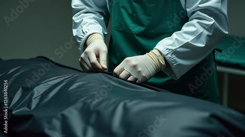 Morgue worker closes zipper on body bag, green apron over protective gear in dimly lit room - concept of morgue worker