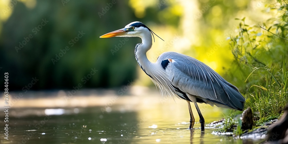 Obraz premium Heron wading in river, green background, nature