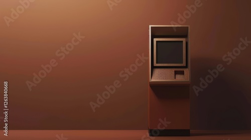 A vintage ATM machine stands alone against a monochromatic brown background, evoking a retro-futuristic aesthetic with a sense of nostalgia and simplicity. AI generated.