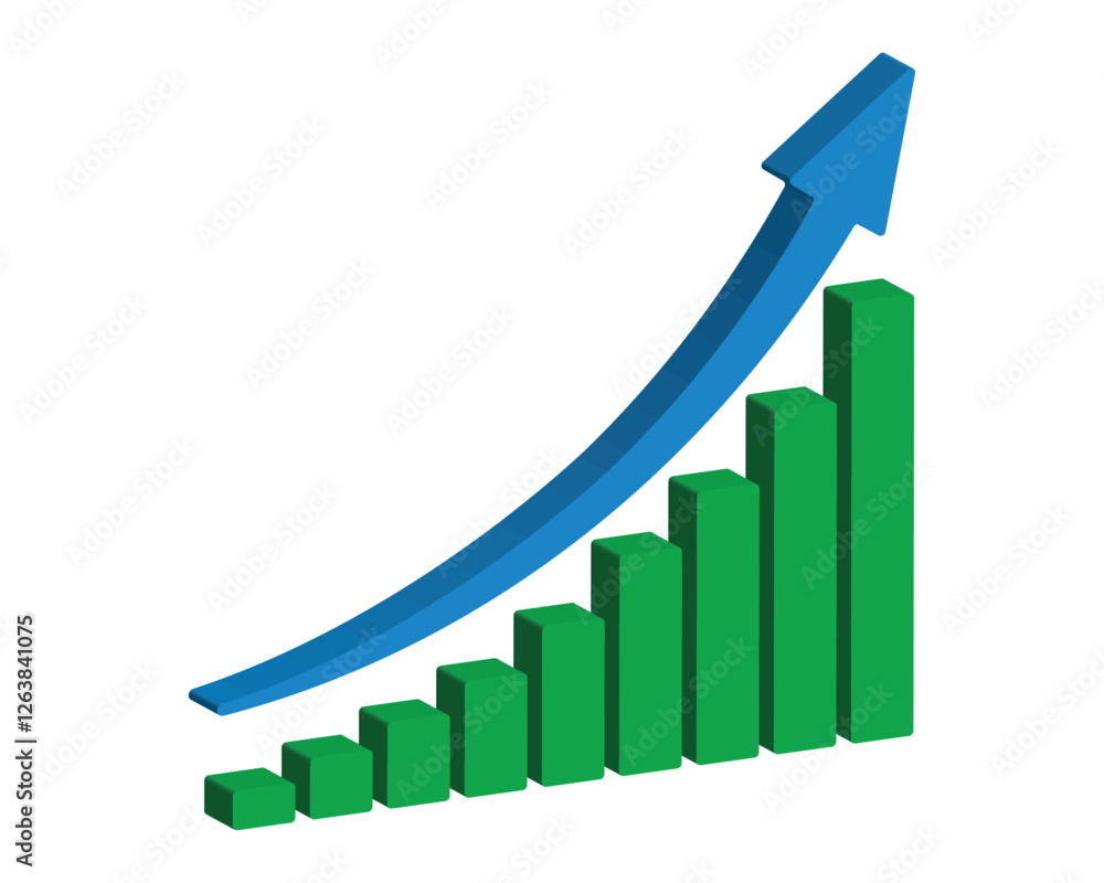 Upward stepping 3d blue arrow. Growth Bar green stairs step to growth success vector illustration on white. Progress way and forward achievement creative concept. 3d Bar graph of green bars. Upward stepping 3d blue arrow. Growth Bar green stairs step to growth success vector illustration on white. Progress way and forward achievement creative concept. 3d Bar graph of green bars.