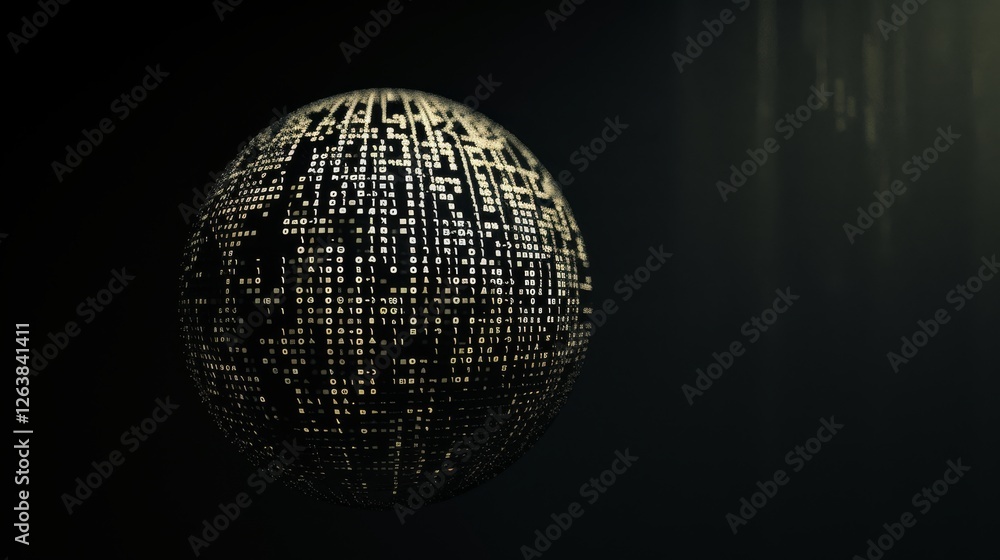A mysterious dark metallic sphere illuminated by glowing binary code, floating in a shadowy environment, representing data and technology. AI generated.
