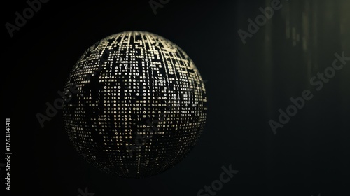 Obraz na płótnie A mysterious dark metallic sphere illuminated by glowing binary code, floating in a shadowy environment, representing data and technology. AI generated. w salonie