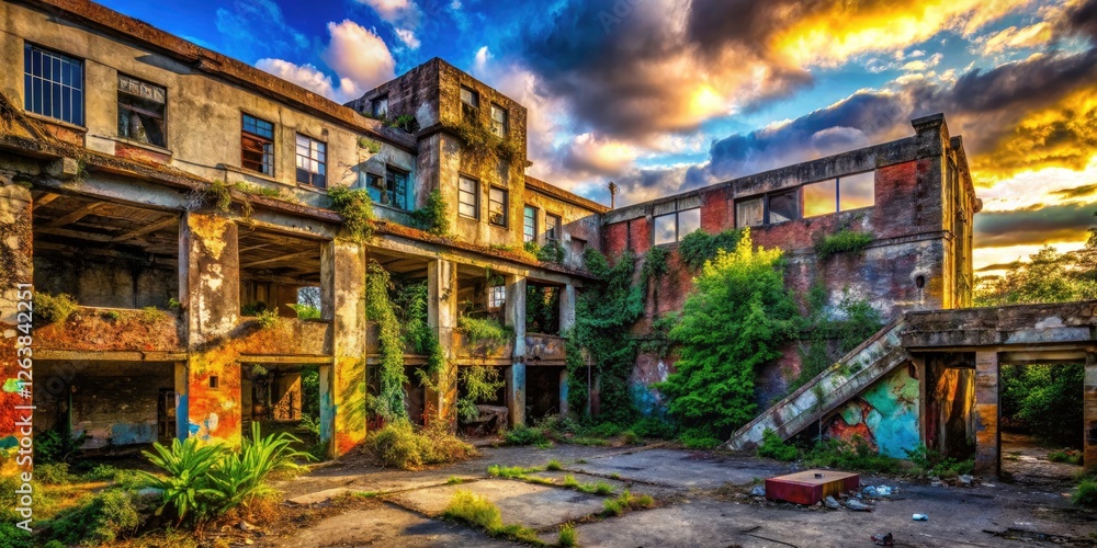Fototapeta premium Abandoned Gata building: a photographer captures its industrial decay, rust, and graffiti art.
