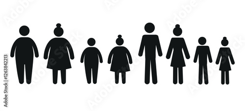 pictogram of human figures, healthy and overweight, flat illustration of a man, woman and children on a white background, icons