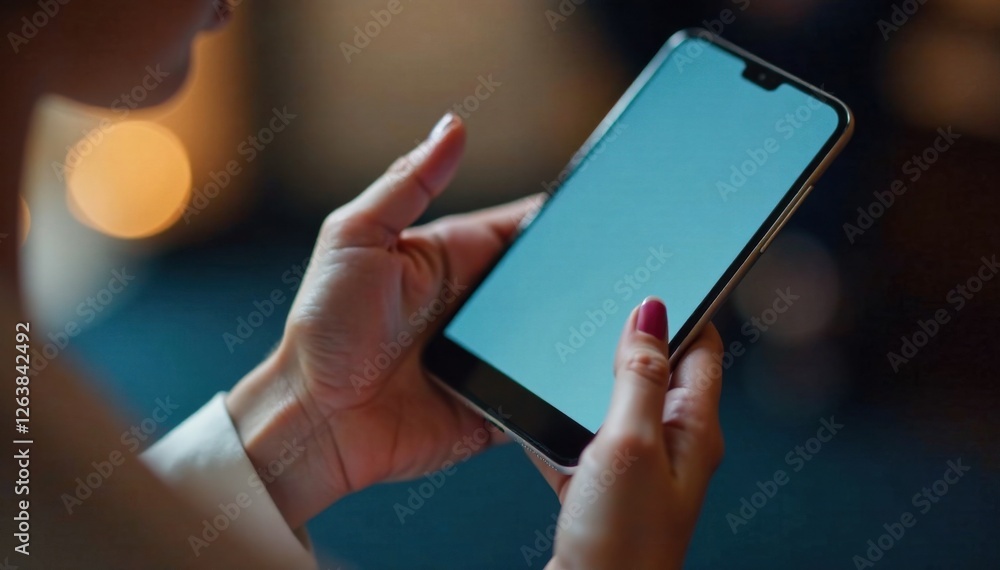 Elegant female hand gestures towards an empty smartphone display, empty screen, sophistication, clean design Elegant female hand gestures towards an empty smartphone display, empty screen, sophistication, clean design