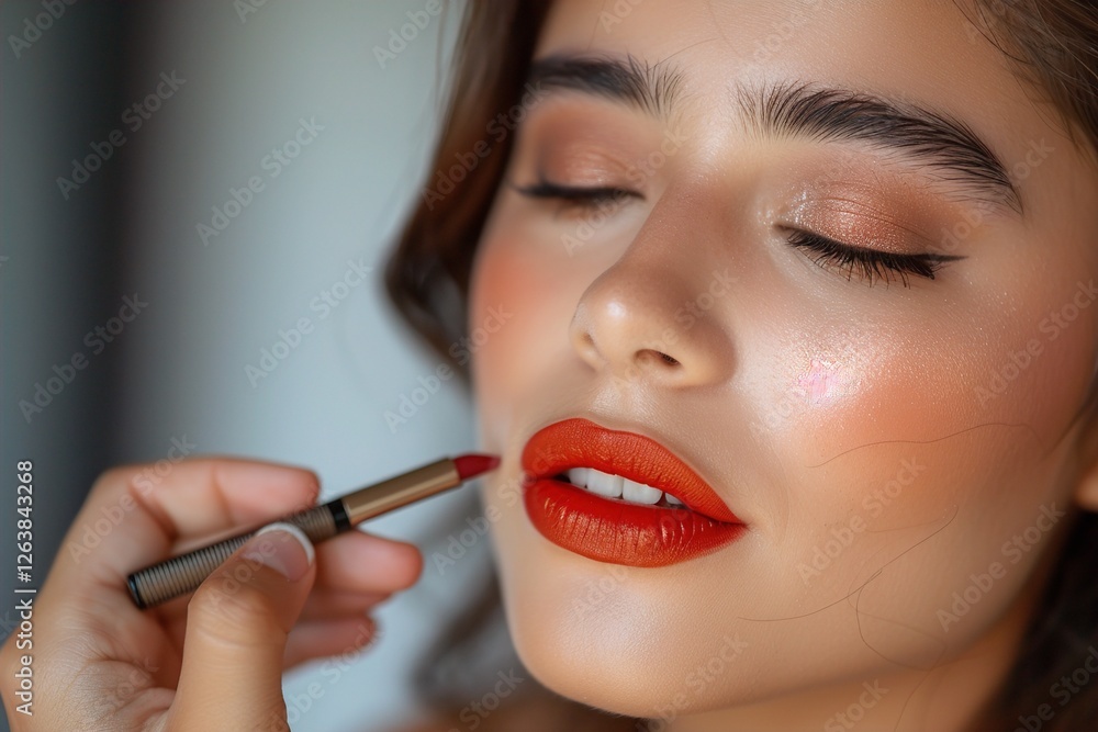 Close-up of a young Latina woman applying bold red lipstick, showcasing her flawless makeup and radiant complexion. Close-up of a young Latina woman applying bold red lipstick, showcasing her flawless makeup and radiant complexion.