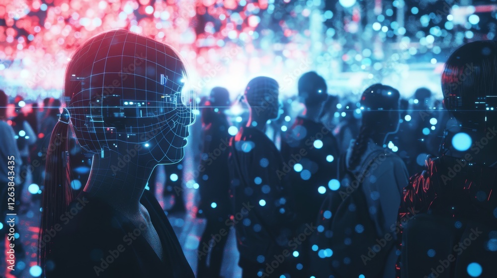 Futuristic crowd surrounded by glowing digital networks and vibrant neon lighting. Highlights technological advancement and AI-driven interactions. AI generated.