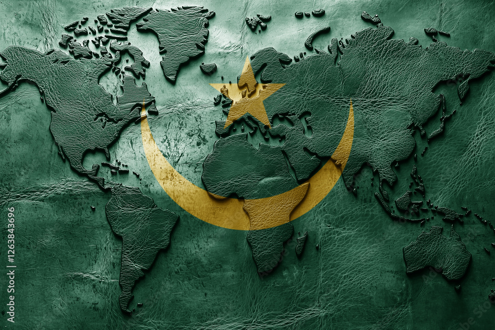 Obraz premium Flag of mauritania on the ancient leather old world map . Adventure concept. Macro shot. Generative Ai
