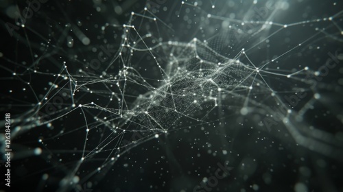 Intricate digital network visualization with white glowing nodes and connections, representing AI, data flow, and technological innovation. AI generated.