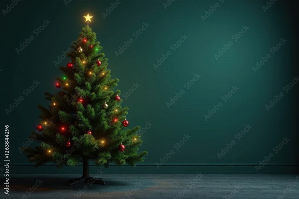 Evergreen Christmas tree standing alone in a dimly lit room , room, evergreen, festive Evergreen Christmas tree standing alone in a dimly lit room , room, evergreen, festive