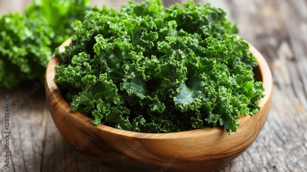 Fresh Green Kale in Wooden Bowl Fresh Green Kale in Wooden Bowl