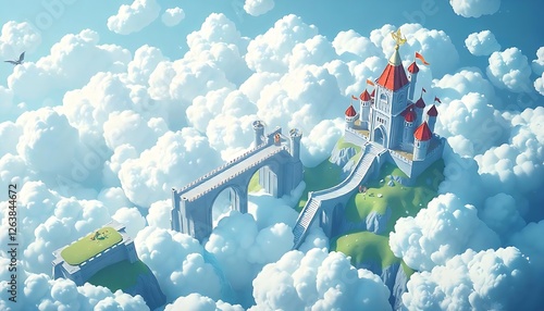 Epic adventure in a cloud kingdom floating castle fantasy realm isometric world aerial view dreamy concept photo