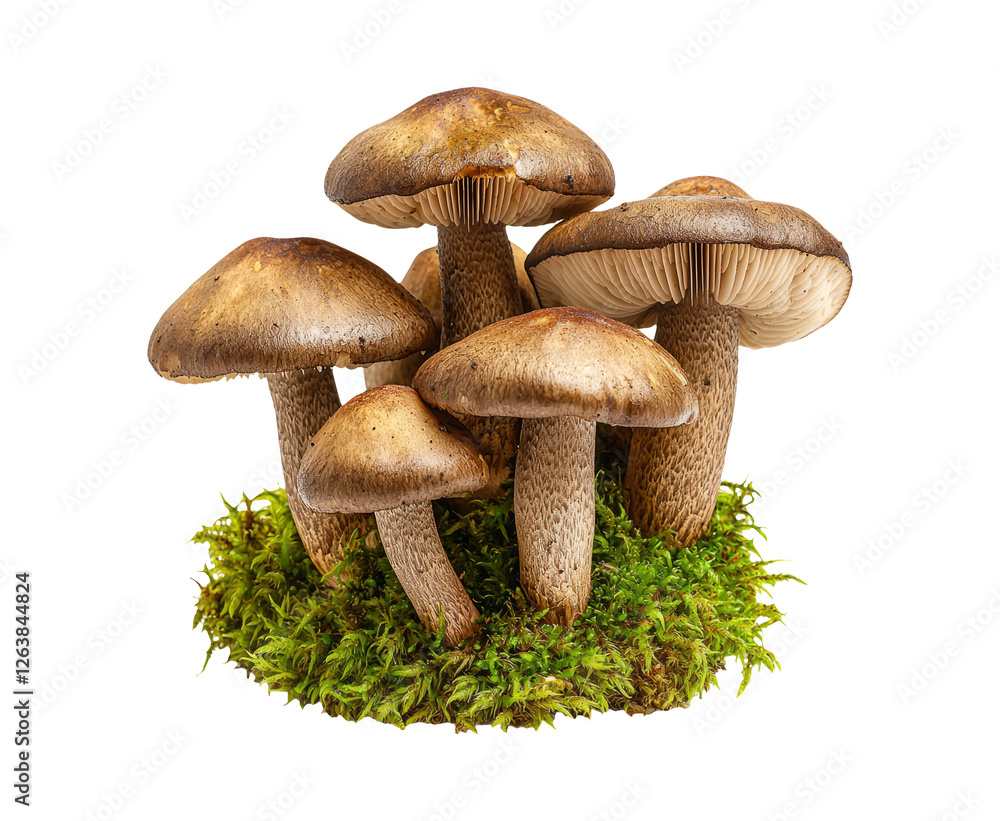 Group of Mushrooms on Mossy Base with Transparent Background Group of Mushrooms on Mossy Base with Transparent Background