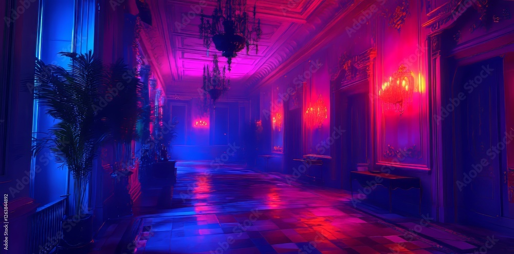 Naklejka premium A spooky, dim hallway with red blood splatters on the floor, excellent for crime scene or horror story imagery
