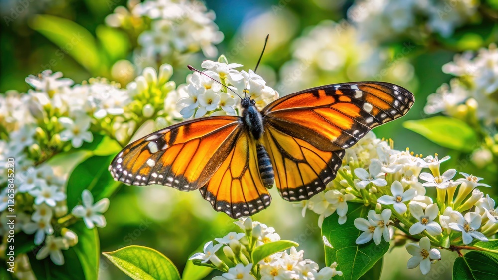 Aerial view: A white floral frame encircles a lush green scene, featuring a high-resolution image of a butterfly. Aerial view: A white floral frame encircles a lush green scene, featuring a high-resolution image of a butterfly.