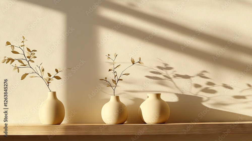 Fototapeta premium Earth-toned ceramic vases on a wooden shelf, casting soft shadows against a warm beige wall
